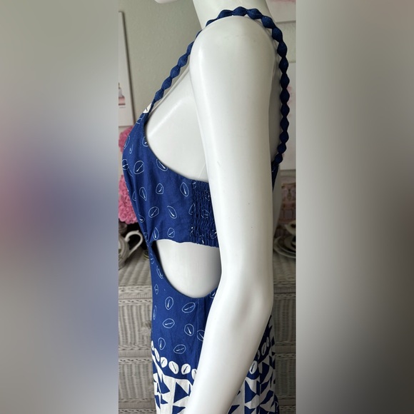 Farm Rio Ondina Linen blend Midi Dress with Cutout Waist in Blue & White Size M - Picture 6 of 13